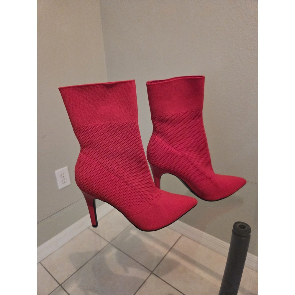 Brash Red Sock Knit Stretch Pointed Toe Stiletto Ankle Mid-Calf Boots Size  6